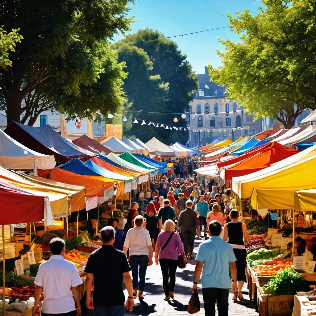 A vibrant and bustling marketplace filled with cheerful vendors and happy customers interacting. Colorful stalls brimming with fresh produce and handmade goods, showcasing a variety of products. Behind the stalls, dynamic banners displaying positive public opinion and satisfaction metrics. Shining sun casting warm light, creating an inviting atmosphere. cartoonish style. bright colors. lively and engaging.